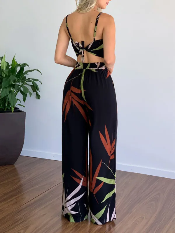 Women's Printed High Waist Wide Leg Trouser And V-Neck Crop Top Set