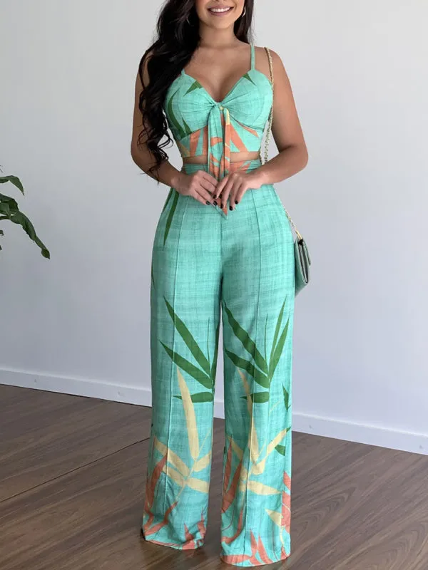 Women's Printed High Waist Wide Leg Trouser And V-Neck Crop Top Set
