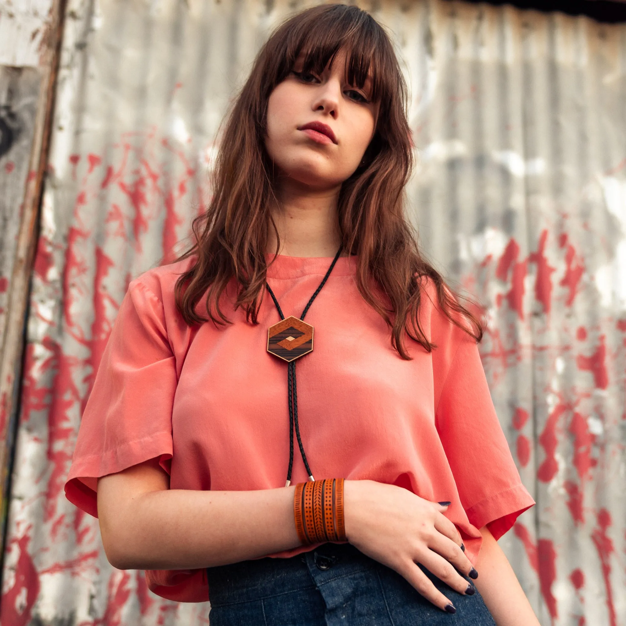 Wooden Hexagon Bolo Tie
