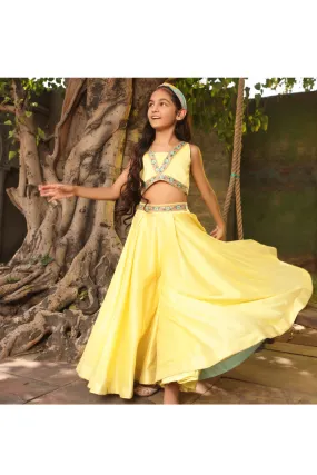 Yellow Laced Croma Top And Palazzo With Printed Cape Set